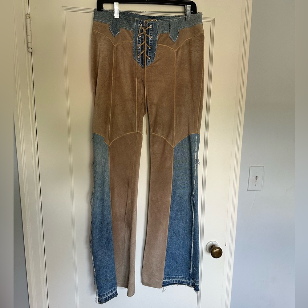 Vintage Anna Gabelli denim suede leather flare jean chap lined sz 28 designer